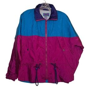 VTG Windbreaker 80s 90s Jacket Color Block Full Zip Drawstring Lightweight Small